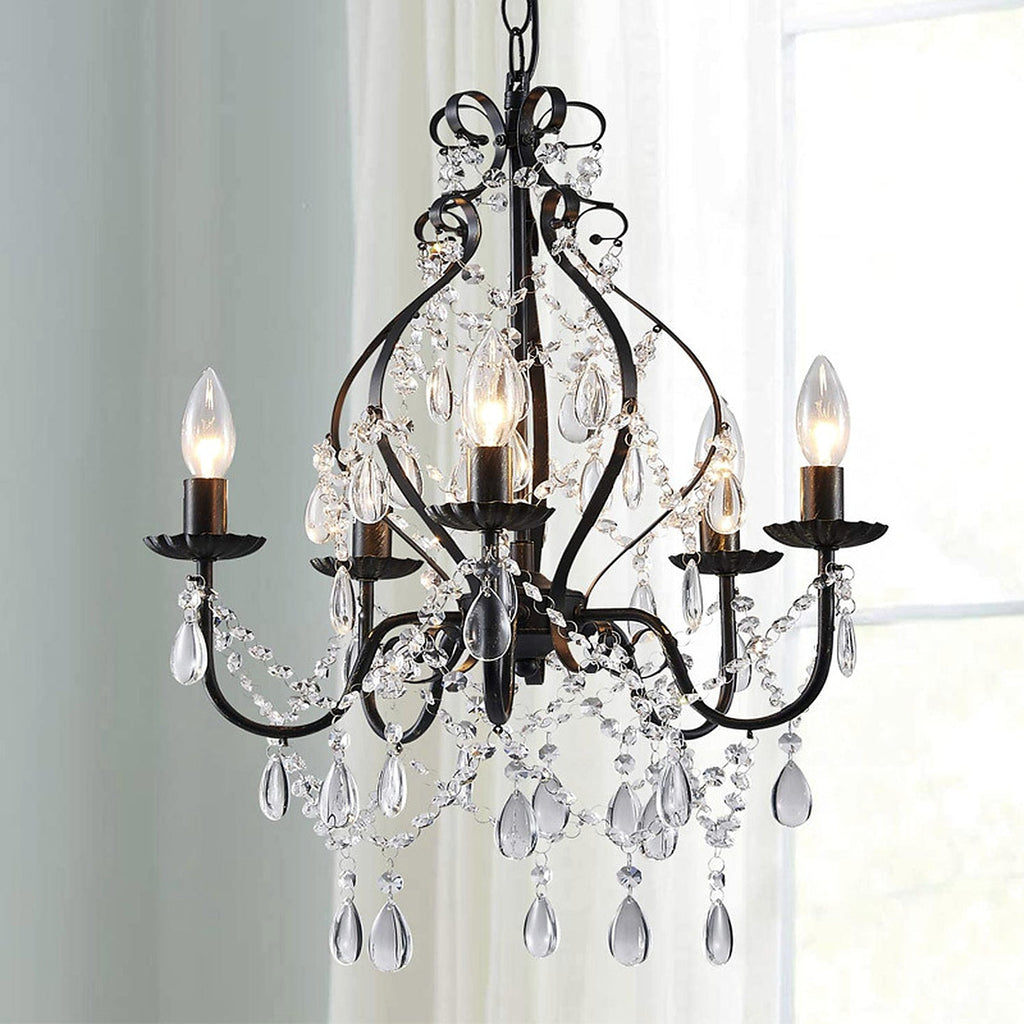 Celeste traditional black metal and crystal 5-light chandelier in a bright interior