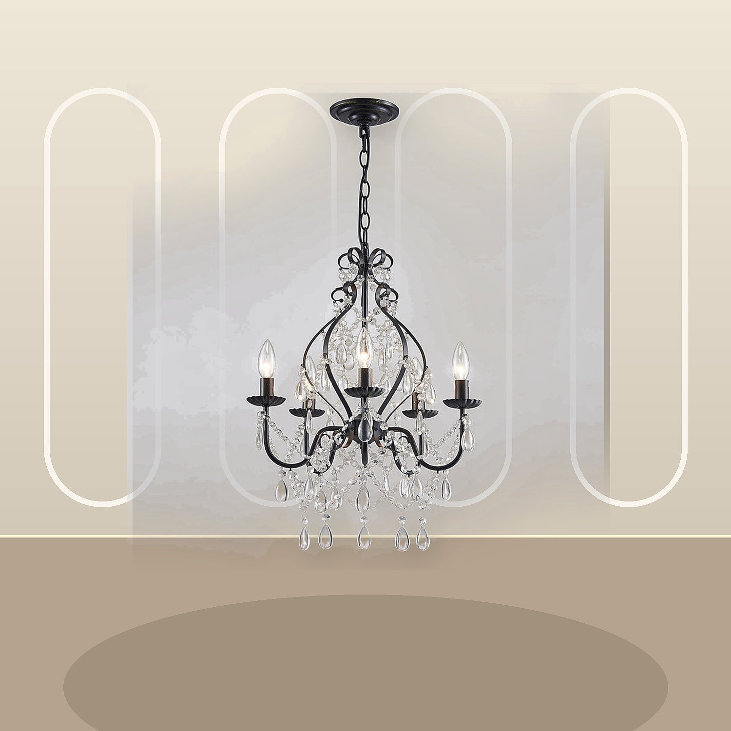 Celeste black crystal chandelier styled for an ivory dining room