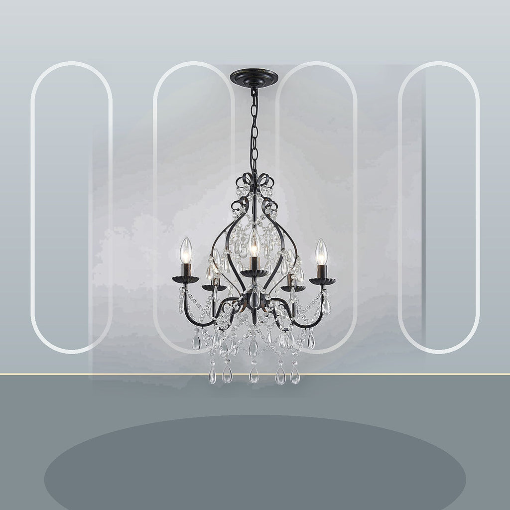 Celeste black crystal chandelier styled for a slate living room