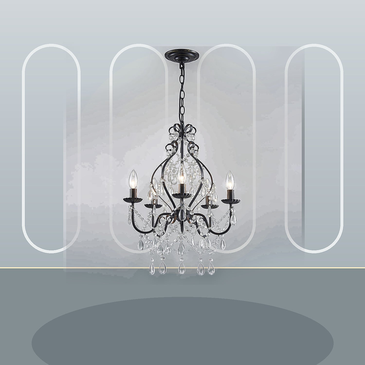 Celeste black crystal chandelier styled for a slate living room