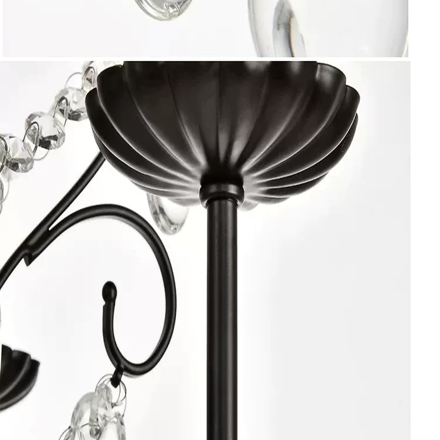Black metal candle cup detail on Celeste crystal chandelier