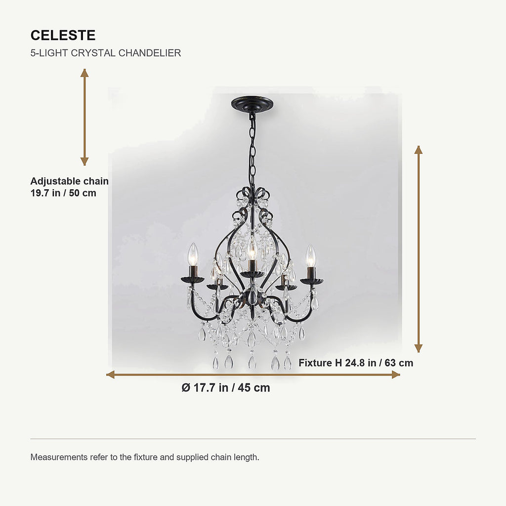 Celeste 5-light chandelier dimensions showing diameter height and adjustable chain